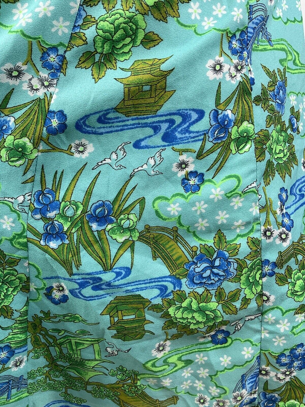 VINTAGE 70s BLUE GREEN GREY FLORAL BIRD PAGODA ORIENTAL SWING DRESS 10 12