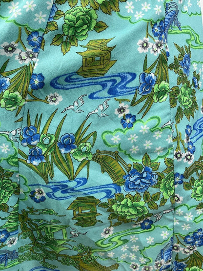 VINTAGE 70s BLUE GREEN GREY FLORAL BIRD PAGODA ORIENTAL SWING DRESS 10 12