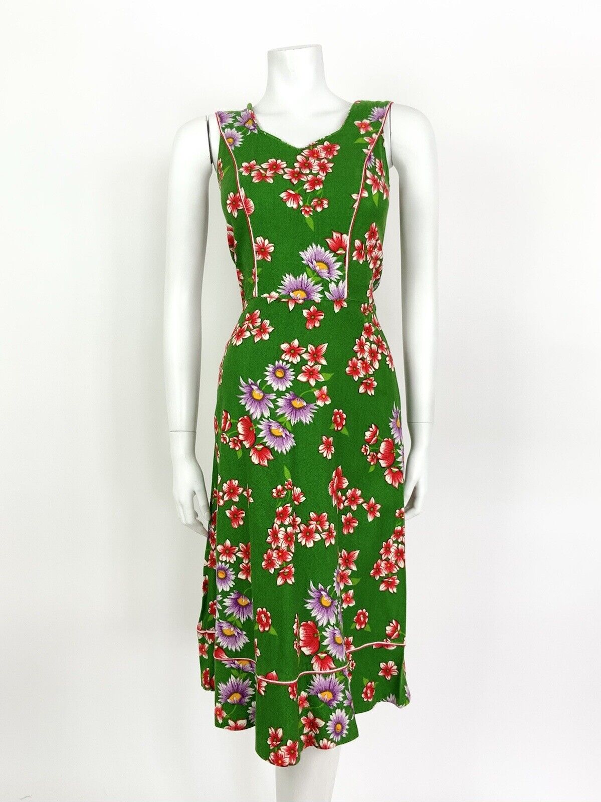 VINTAGE 60s 70s GREEN PURPLE RED HAWAIIAN FLORAL COTTON SUMMER DRESS 4 6