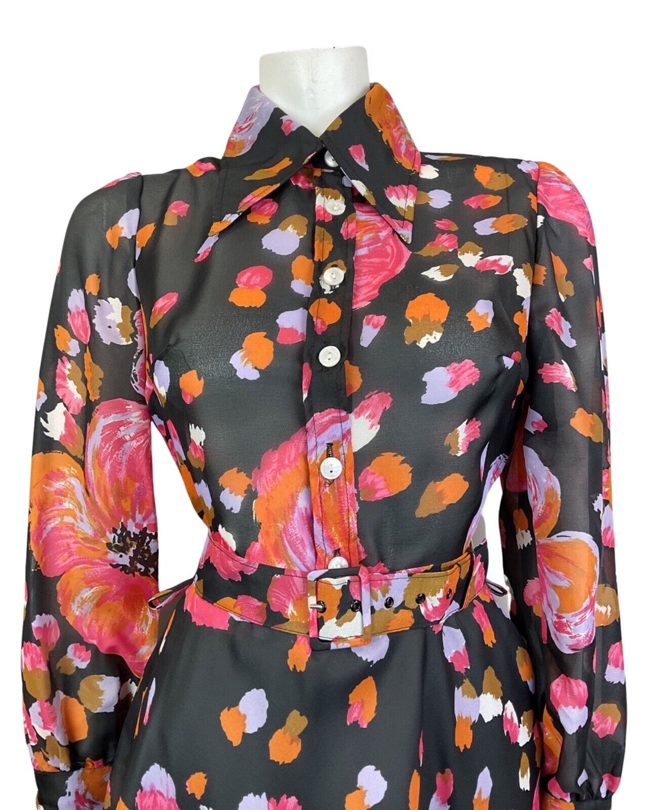 VINTAGE 60s 70s BLACK PINK LILAC FLORAL DAGGER COLLAR SWING SHIRT DRESS 8 10