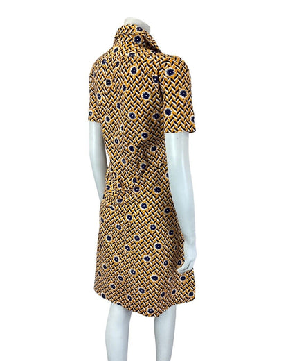 VINTAGE 60s 70s YELLOW BLUE WHITE CHEVRON FLORAL GEOMETRIC MOD SHIRT DRESS 10