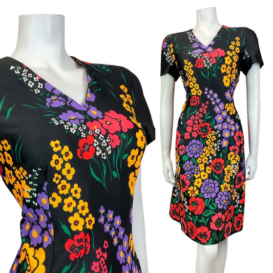 VINTAGE 60s 70s BLACK YELLOW LILAC FLORAL POPPY MOD SHORT SLEEVE DRESS 12 14