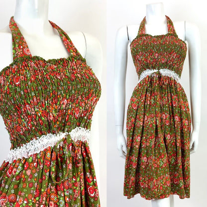 VINTAGE 60s 70s GREEN RED PINK WHITE FLORAL DISTY LACE MOD MINI HALTER DRESS 10