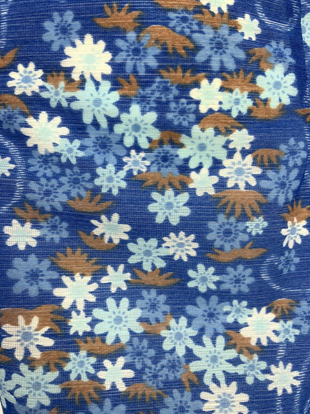 VTG 60s 70s PSYCHEDELIC BLUE WHITE BROWN FLORAL SWIRL RUFFLE TRIM DRESS 12 14