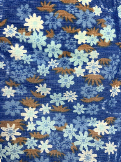 VTG 60s 70s PSYCHEDELIC BLUE WHITE BROWN FLORAL SWIRL RUFFLE TRIM DRESS 12 14