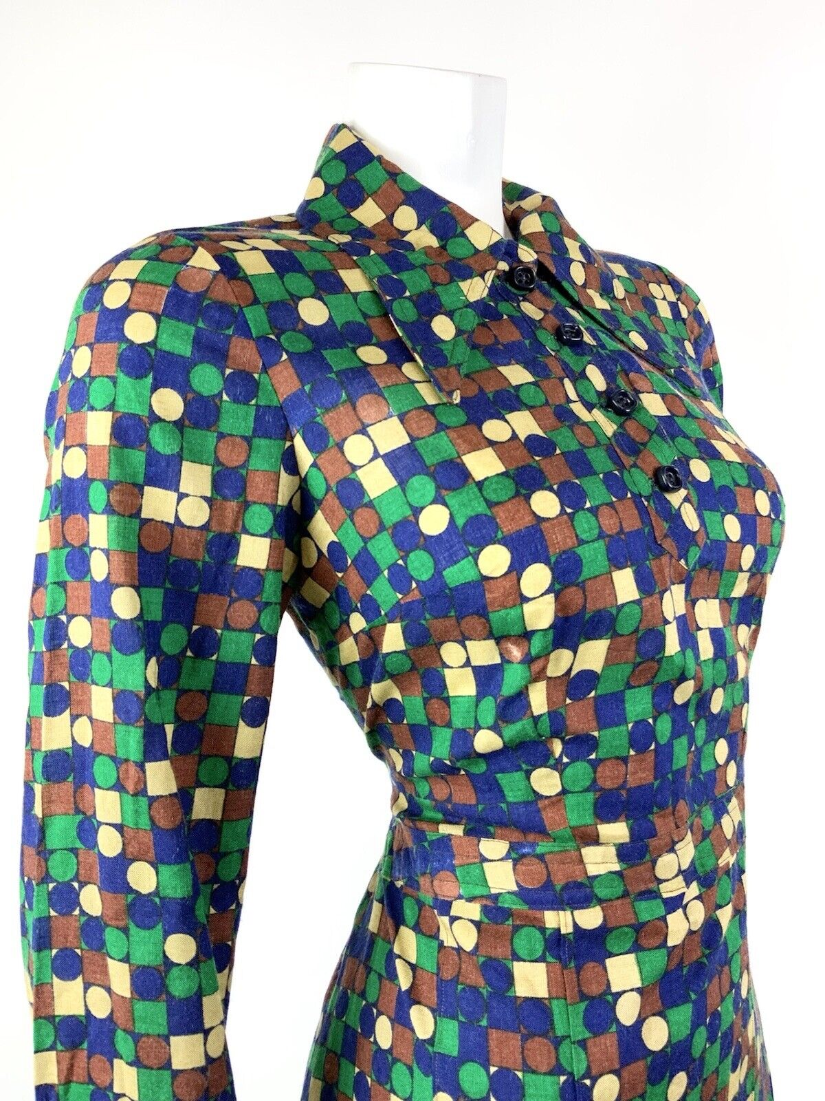 VINTAGE 60s 70s GREEN BLUE BROWN GEOMETRIC CHECKED DOTTY DAGGER SHIRT DRESS 12