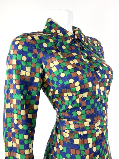 VINTAGE 60s 70s GREEN BLUE BROWN GEOMETRIC CHECKED DOTTY DAGGER SHIRT DRESS 12