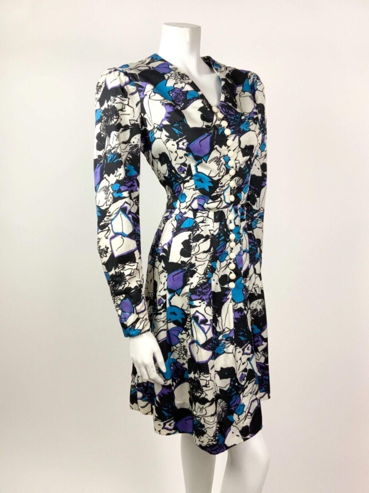 VINTAGE 60s 70s WHITE BLACK BLUE PURPLE PSYCHEDELIC FLORAL DRESS 10 12