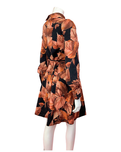 VTG 60s 70s ORANGE BROWN BLACK LEAFY TURTLENECK BISHOP SLEEVE SWING DRESS 8