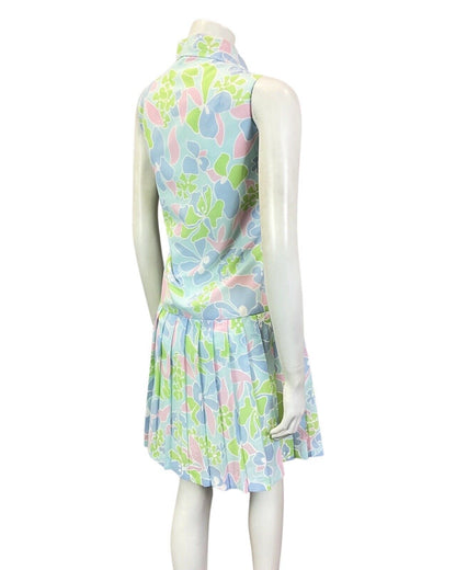 VTG 60s 70s BLUE GREEN PINK FLORAL DROP-WAIST PLEATED DAGGER SHIRT DRESS 10 12