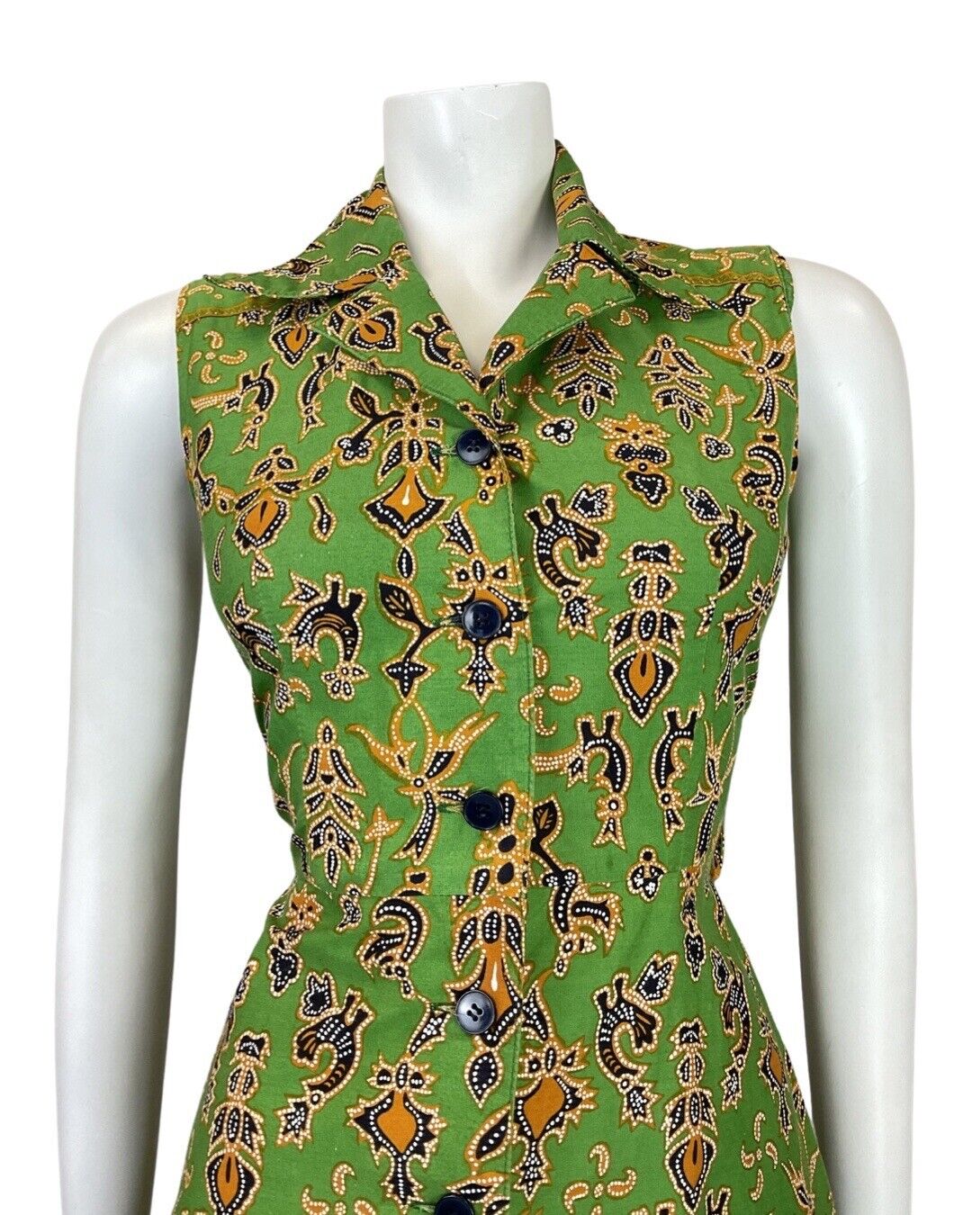 VINTAGE 60s 70s GREEN BLACK GOLD ABSTRACT FLORAL MOD DAGGER SHIRT DRESS 8 10