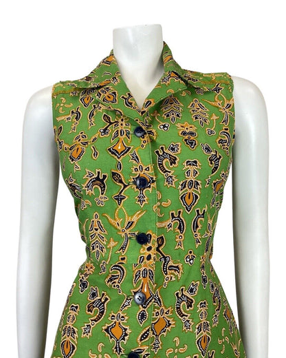 VINTAGE 60s 70s GREEN BLACK GOLD ABSTRACT FLORAL MOD DAGGER SHIRT DRESS 8 10