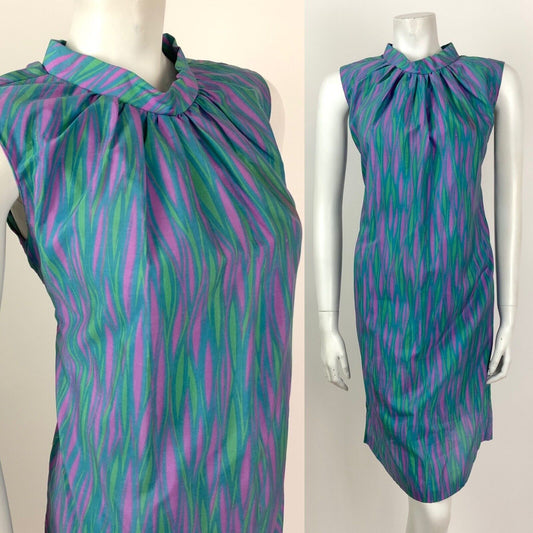 VINTAGE 60s 70s BLUE PURPLE GREEN PSYCHEDELIC WAVY MOD A-LINE DRESS 12 14