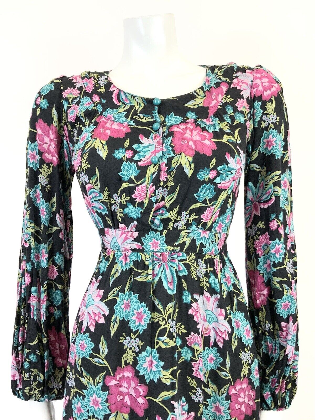 VINTAEG 60s 70s BLACK PINK BLUE GREEN FLORAL BOHO FOLK PUFF SLEEVE DRESS 8