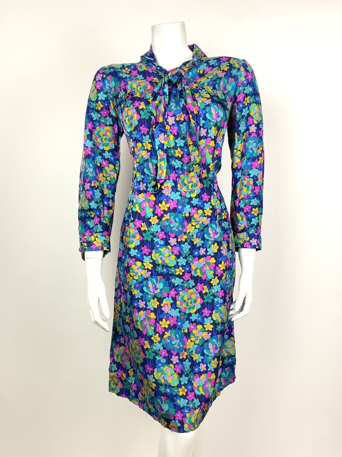VTG 60s 70s BLUE YELLOW PINK GREEN PSYCHEDELIC FLORAL EMPIRE LINE DRESS 12 14