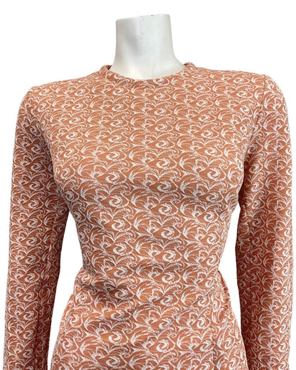 VINTAGE 60s 70s PEACH ORANGE WHITE SWIRL LONG-SLEEVE MOD SHORT DRESS 14 16