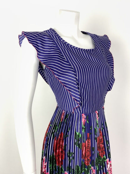 VTG 60s 70s BLUE WHITE RED PINK PIN STRIPE FLORAL ROSE PLEATED PRAIRIE DRESS 10
