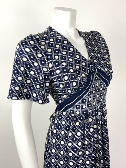 VINTAGE 60s 70s NAVY BLUE WHITE GRID ROPE DOTTY NAUTICAL SWING DRESS 10 12