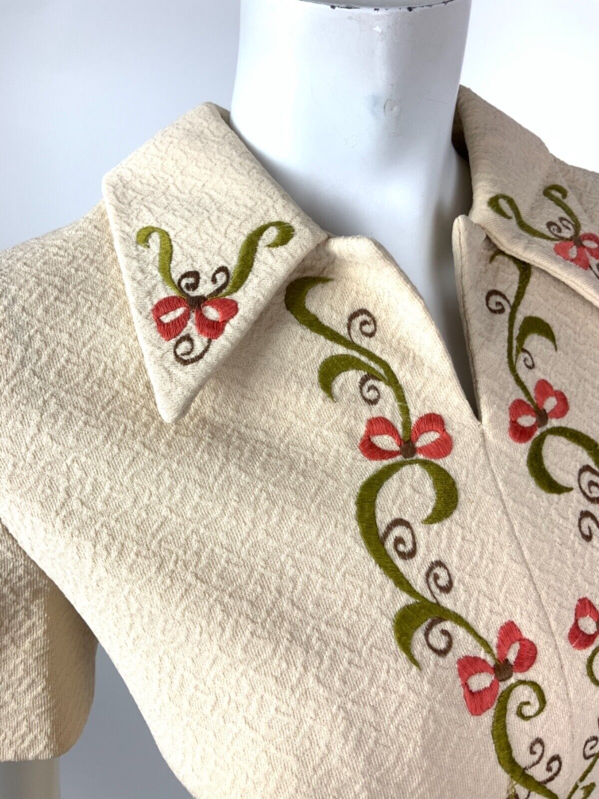 VTG 60s 70s CREAM GREEN RED BROWN SWIRL EMBROIDERED DAGGER COLLAR DRESS 12 14