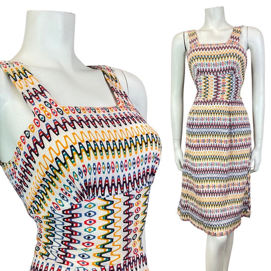 VINTAGE 60s 70s WHITE RED BLUE GREEN ZIG-ZAG GEOMETRIC SUMMER APRON DRESS 8