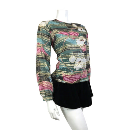 VINTAGE 60s 70s GREEN BLACK PINK GOLD PSYCHEDELIC FLORAL STRIPED SHEER TOP 12 14