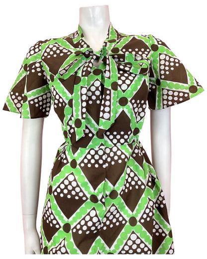 VINTAGE 60s 70s BROWN GREEN WHITE CHECKED GEOMETRIC PUSSYBOW MOD DRESS 10 12