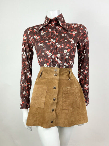VTG 60s 70s BROWN WHITE ORANGE BOTANICAL FLORAL LEAFY BERRY DAGGER SHIRT 8 10