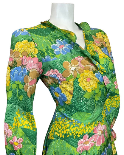 VINTAGE 60s 70s GREEN BLUE YELLOW PSYCHEDELIC FLORAL GARDEN RUFFLE WRAP DRESS 10