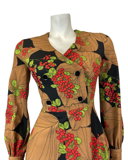 VINTAGE 60s 70s BROWN BLACK RED LEAFY BERRY MOD FIT & FLARE SHORT DRESS 6 8