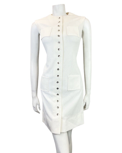 VINTAGE 60s 70s BRIGHT WHITE SILVER SLEEVELESS MOD SHORT SHIFT DRESS 10 12