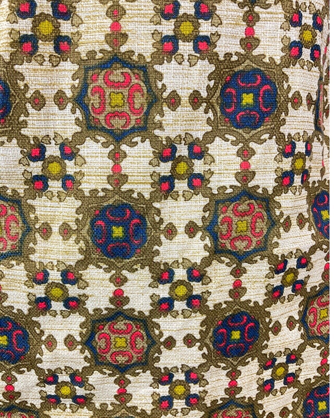 VINTAGE 60s 70s CREAM GOLD BLUE ORNATE CHECKED MOD SHORT SHIRT DRESS 10 12