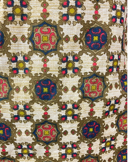 VINTAGE 60s 70s CREAM GOLD BLUE ORNATE CHECKED MOD SHORT SHIRT DRESS 10 12