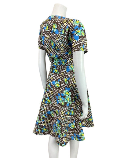 VINTAGE 60s 70s BROWN BLUE WHITE GRID CHECKED FLORAL MOD SWING DRESS 10 12