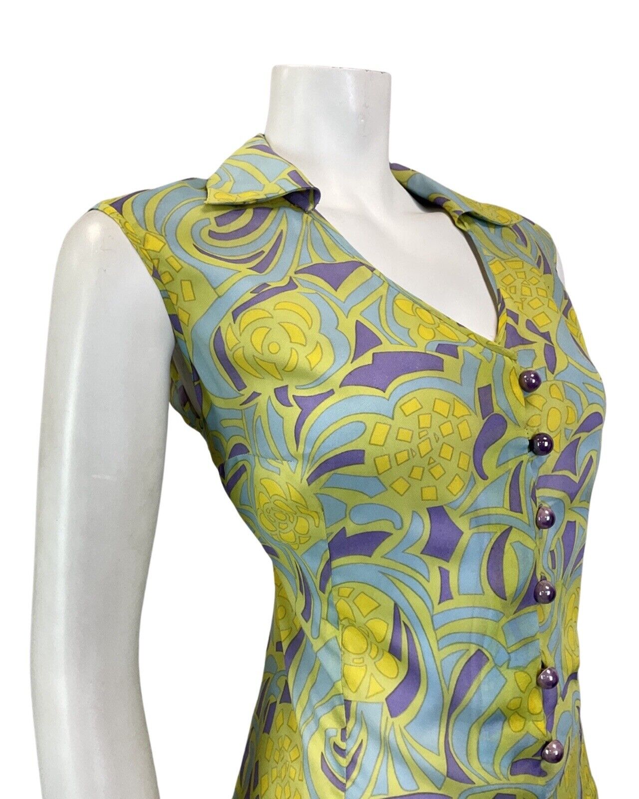 VINTAGE 60s 70s GREEN BLUE PURPLE GEOMETRIC PSYCHEDELIC SHIRT DRESS 12 14