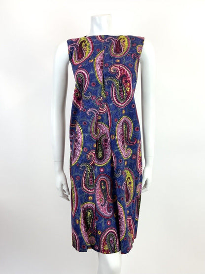 VTG 60s 70s BLUE PINK YELLOW PSYCHEDELIC PAISLEY MOD SHIFT  A-LINE DRESS 10 12