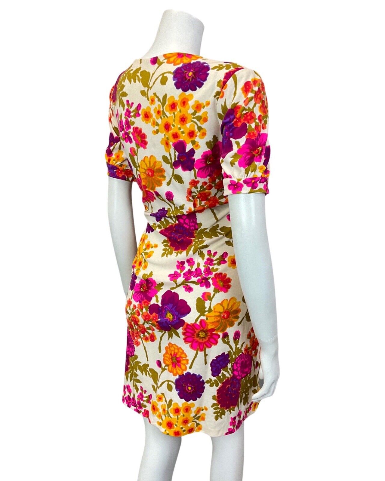 VINTAGE 60s 70s WHITE PURPLE PINK YELLOW GARDEN FLORAL FITTED SWING DRESS 12 14