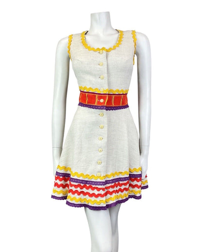 VINTAGE 60s CREAM RED YELLOW RIC-RAC CROCHETED LUCIE LINDEN MOD SWING DRESS 8
