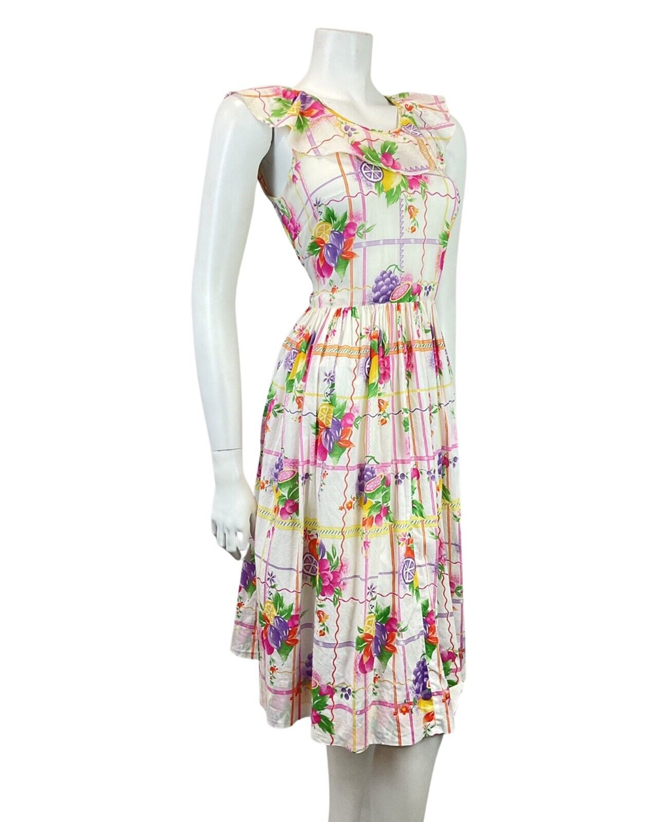 VINTAGE 60s 70s WHITE PURPLE GREEN YELLOW FLORAL FRUITS RUFFLED SUMMER DRESS 8
