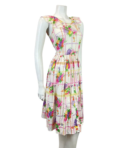 VINTAGE 60s 70s WHITE PURPLE GREEN YELLOW FLORAL FRUITS RUFFLED SUMMER DRESS 8