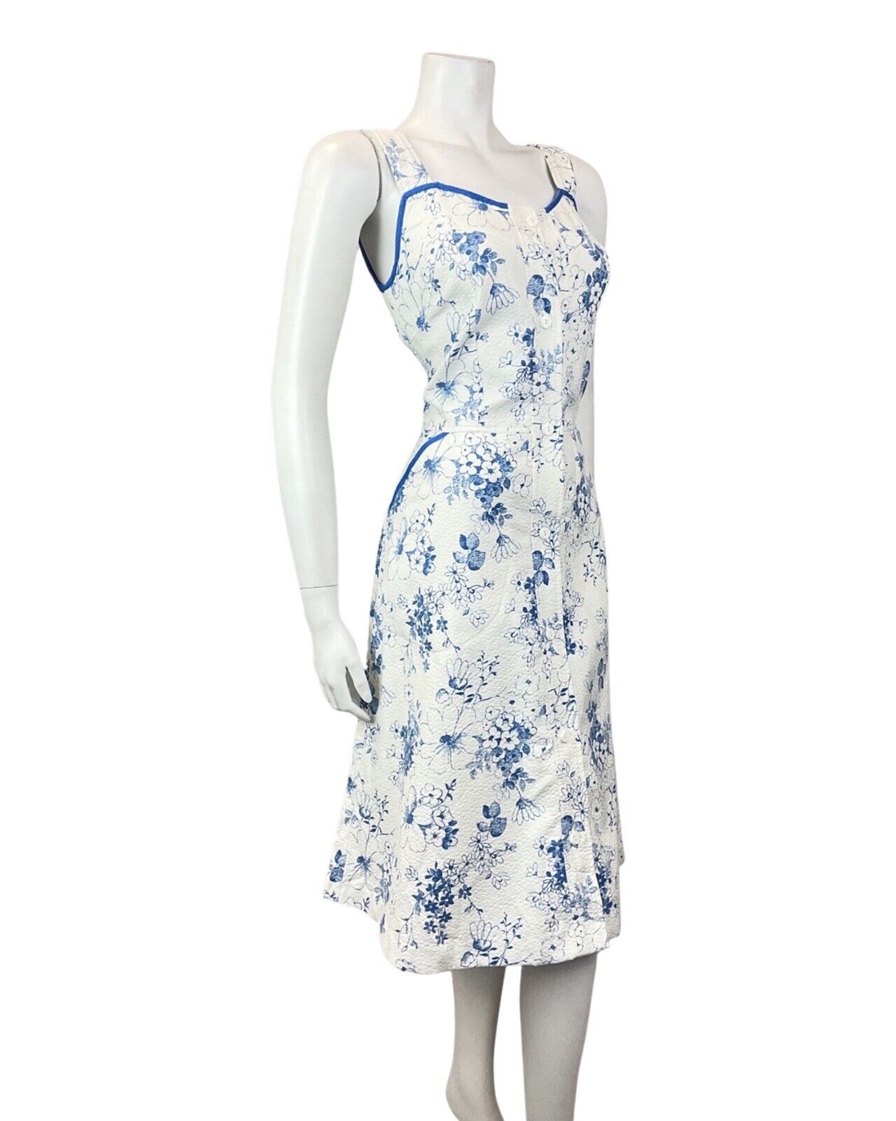 VINTAGE 60s 70s WHITE BLUE FLORAL PRAIRIE BOHO SUMMER APRON SUN DRESS 8