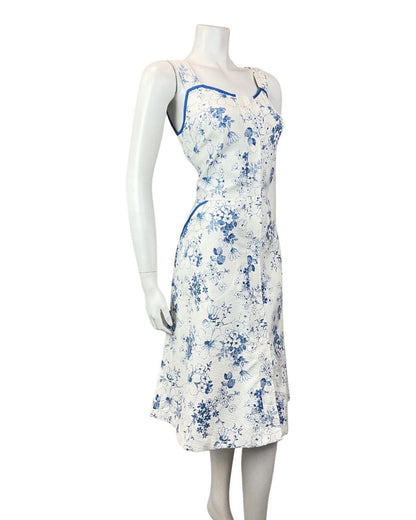 VINTAGE 60s 70s WHITE BLUE FLORAL PRAIRIE BOHO SUMMER APRON SUN DRESS 8