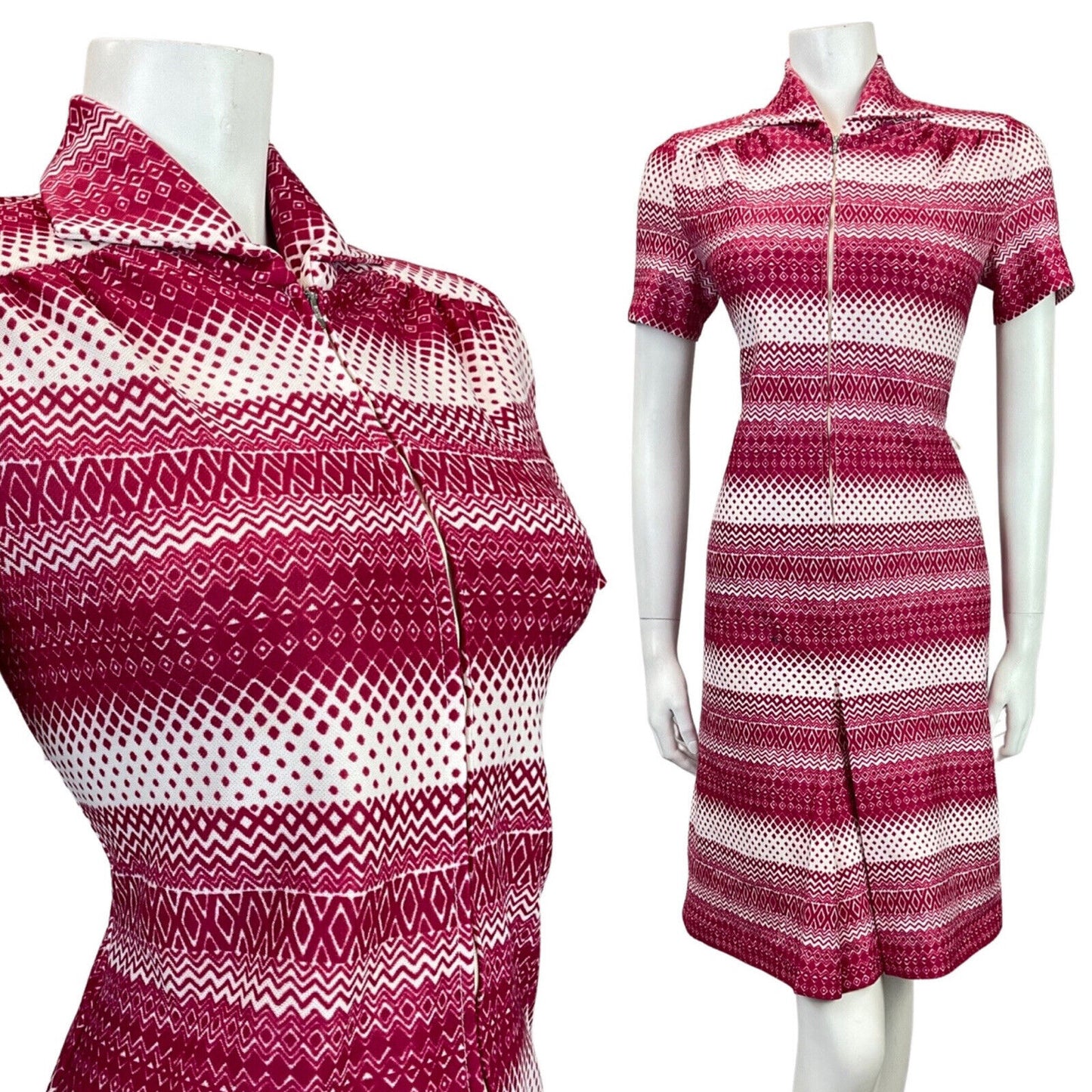 VINTAGE 60s 70s PURPLE GEOMETRIC STRIPED ZIG-ZAG DOTTY ZIP-UP MOD SHIRT DRESS 12