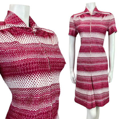 VINTAGE 60s 70s PURPLE GEOMETRIC STRIPED ZIG-ZAG DOTTY ZIP-UP MOD SHIRT DRESS 12
