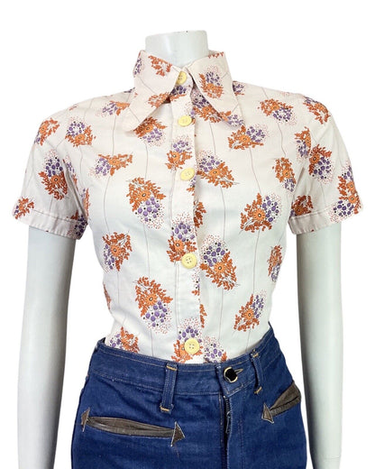 VTG 60s 70s WHITE ORANGE PURPLE FLORAL DOTTY DAGGER COLLAR SHIRT BLOUSE 10 12