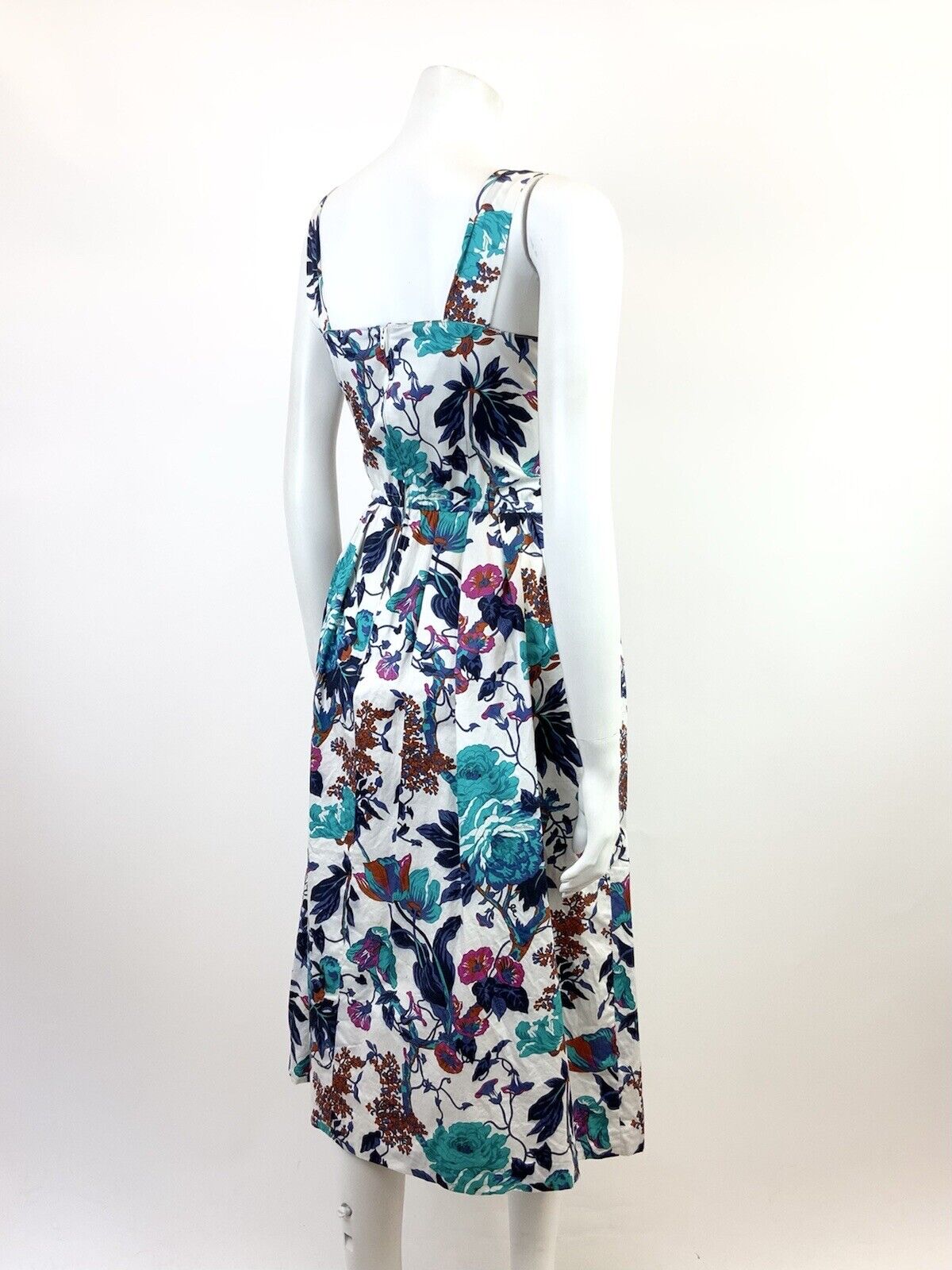 VINTAGE 60s 70s WHITE BLUE BROWN FLORAL SLEEVELESS SWING SUMMER DRESS 10 12
