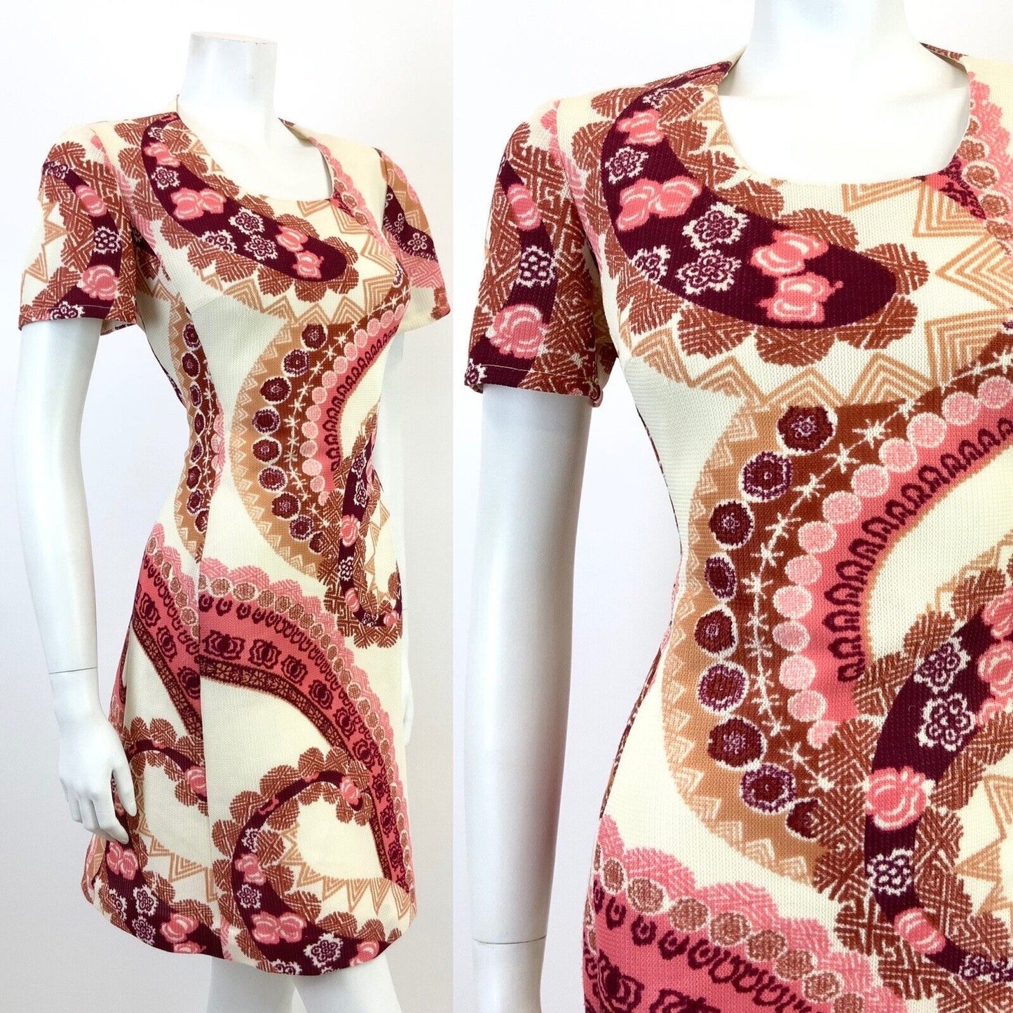 VINTAGE 60s 70s CREAM PINK PURPLE MANDALA HAWAIIAN FLORAL GEOMETRIC DRESS 14 16