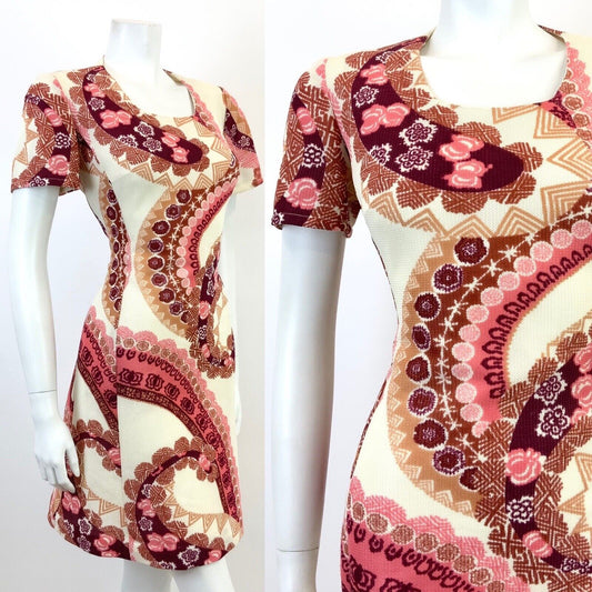 VINTAGE 60s 70s CREAM PINK PURPLE MANDALA HAWAIIAN FLORAL GEOMETRIC DRESS 14 16