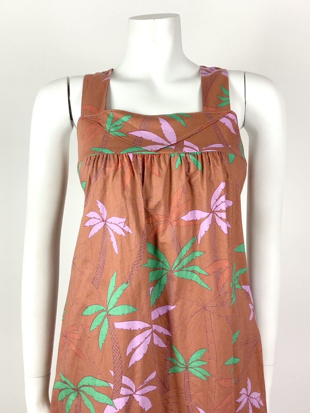 VINTAGE 70s 80s BROWN GREEN PINK PALM TREE LEAFY SLEEVELESS TENT DRESS 8