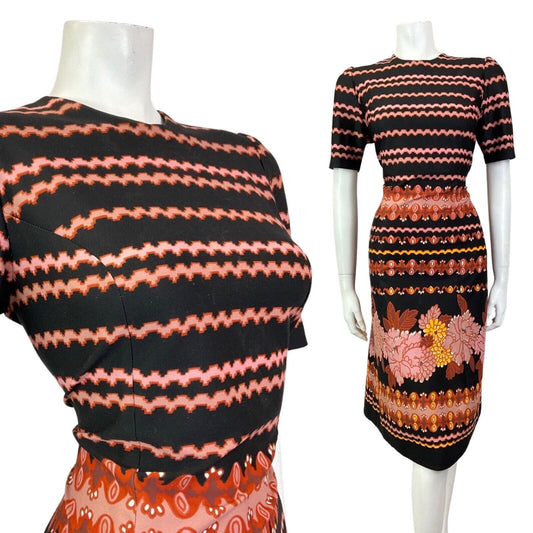 VINTAGE 60s 70s BLACK PINK ORANGE STRIPED FLORAL SUMMER DRESS 12 14