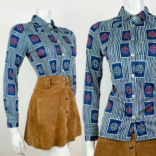 VINTAGE 60s 70s BLUE PINK STRIPED FLORAL BLOSSOM DAGGER SHIRT BLOUSE 8 10